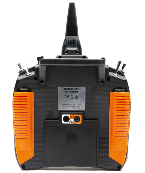 Back of DX9 transmitter with orange grips