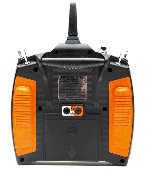 Back of DX8 transmitter with orange grips